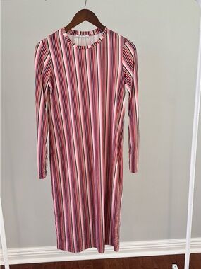 Zara Striped Long Sleeve Midi Dress in Pink, Red, Navy & White